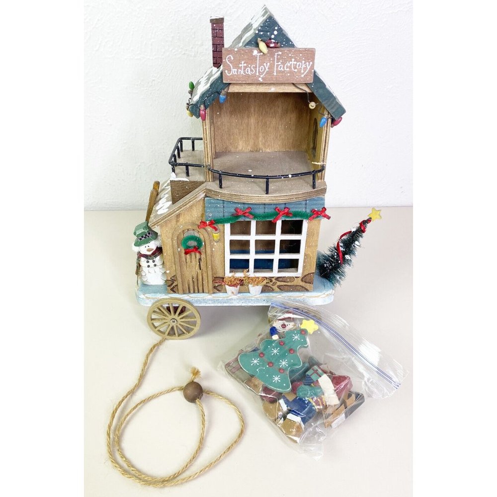 VTG 14" Wooden Santa's Toy Factory Pull-Along Wheeled House Christmas Decor EUC